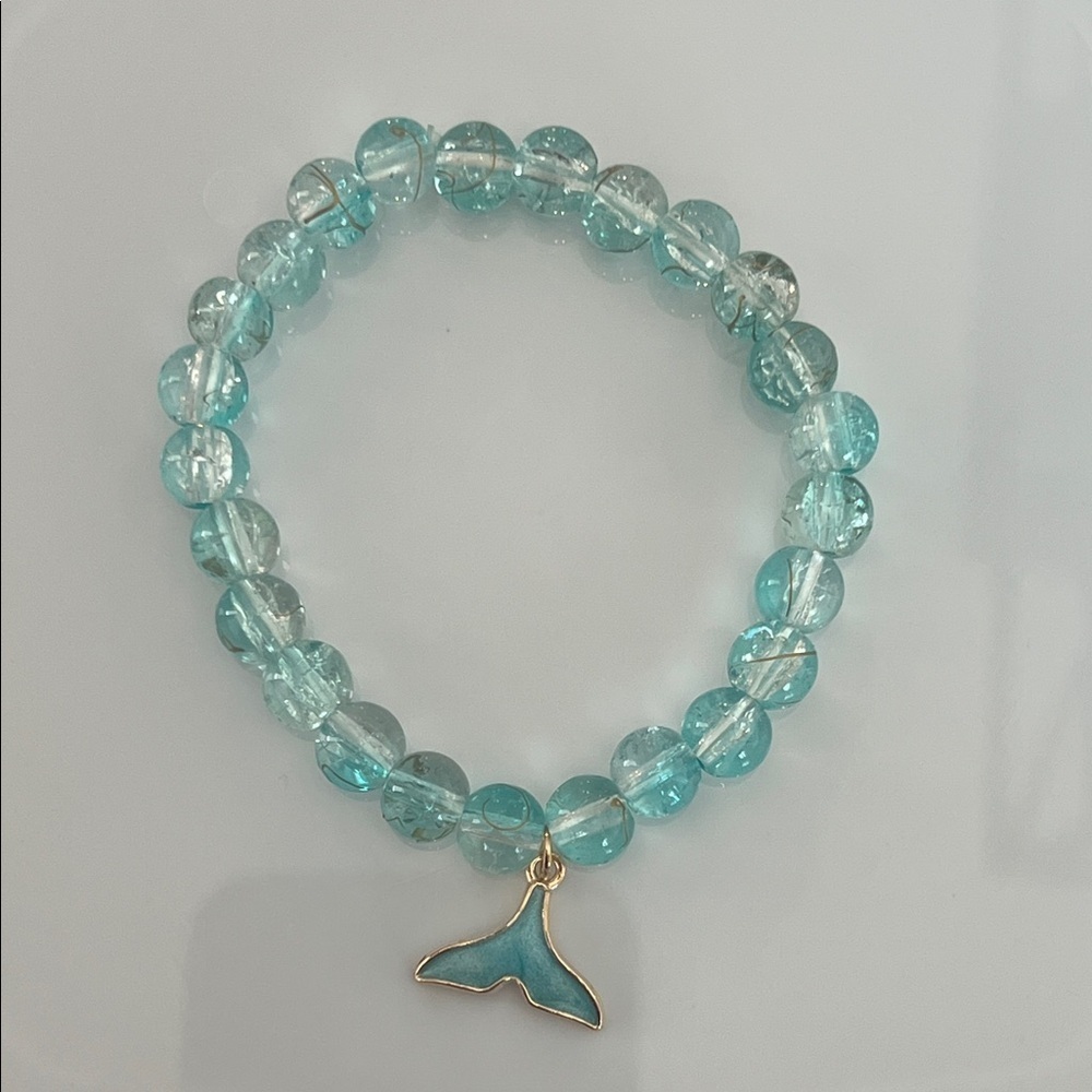 Coastal Beach Aqua Beaded Bracelet Whale Tail Charm Stretch Stackable Jewelry